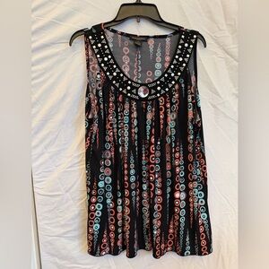 2X Susan Lawrence Jeweled Neck Sleeveless Top with Coral and Aqua Circle Print